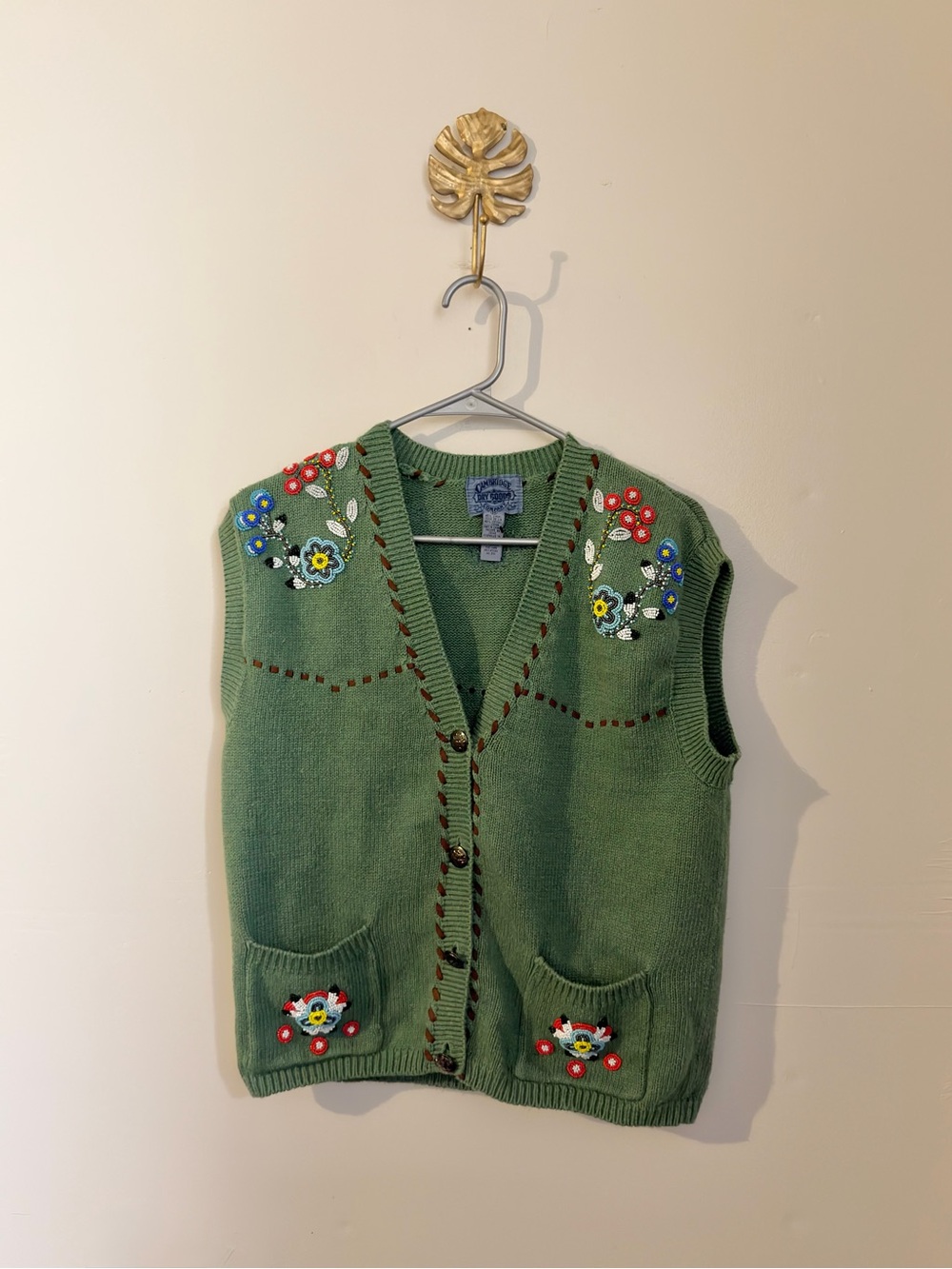 Vintage Green Embroidered Knit Vest